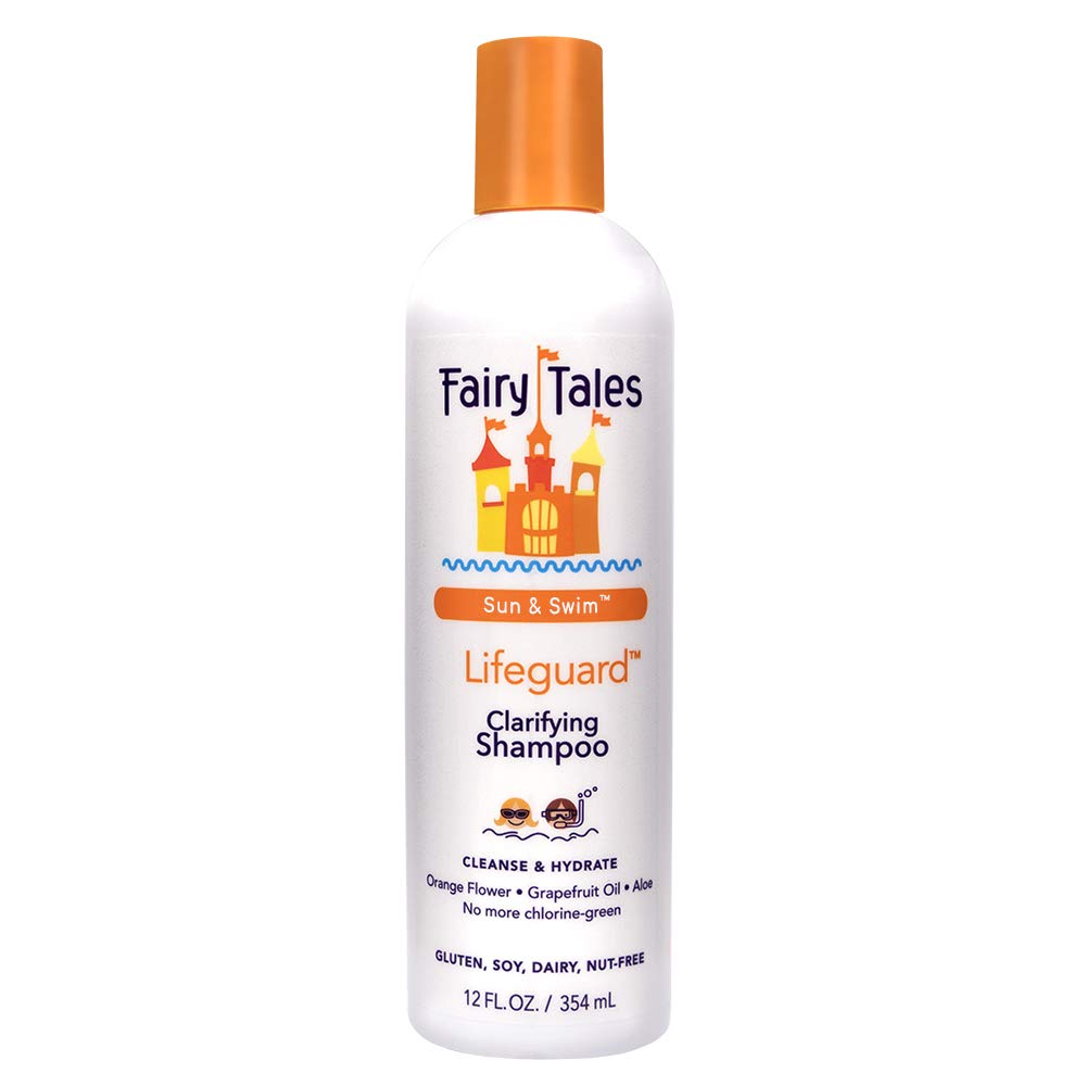 Fairy Tales bottle front showing sun & swim shampoo, clarifies pool buildup