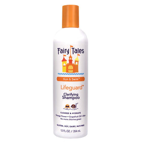 Fairy Tales bottle front showing sun & swim shampoo, clarifies pool buildup