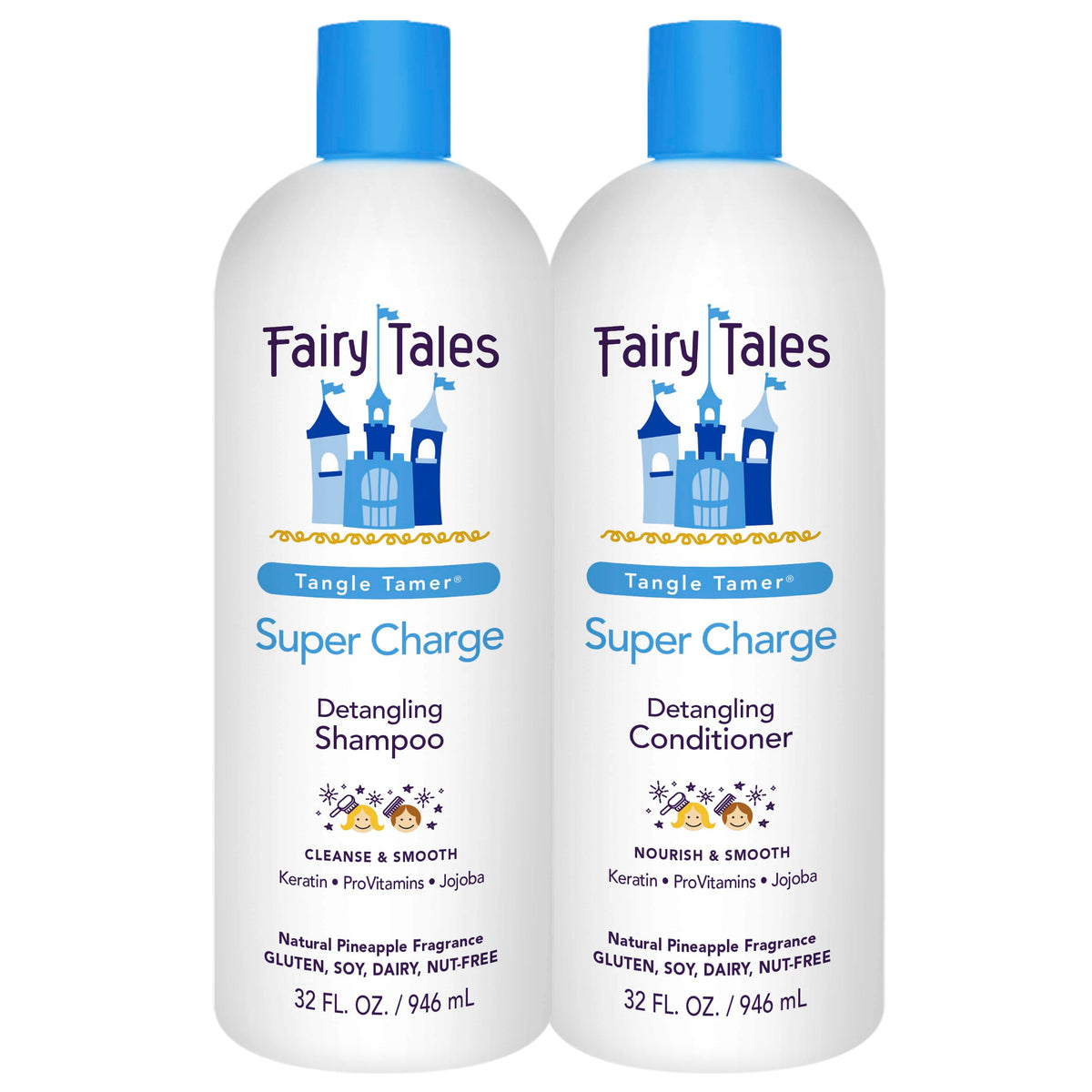 Fairy Tales front packaging showing both 32 oz bottles and benefits