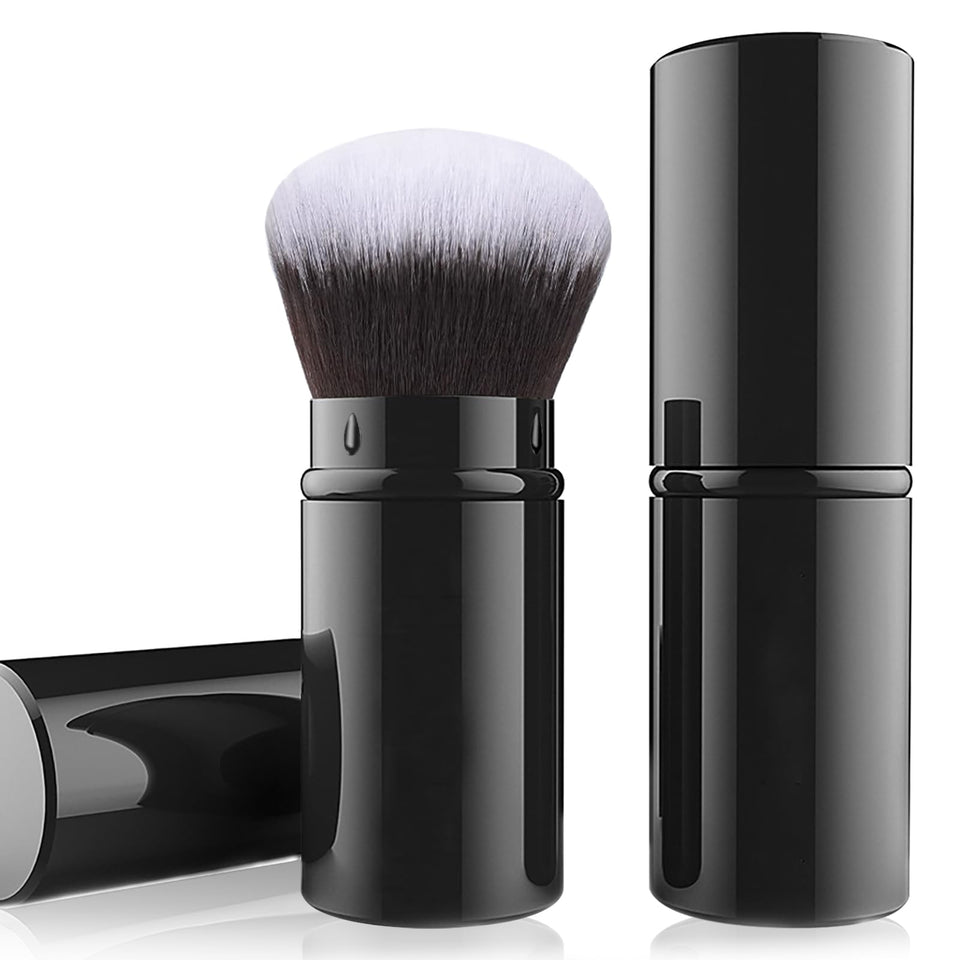 Falliny retractable kabuki front view showing compact travel-ready brush and protective handle