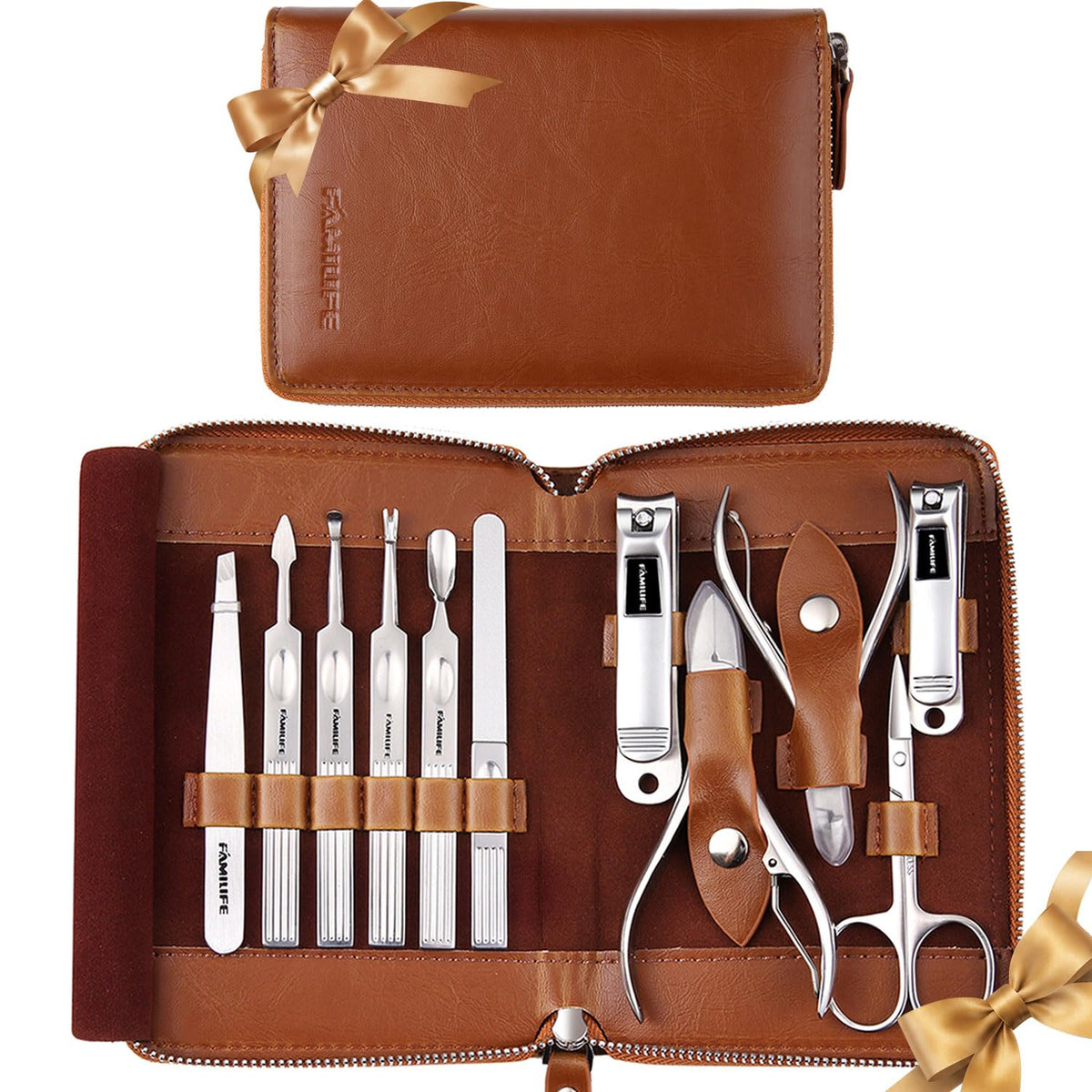 FAMILIFE brown leather case closed, protects tools and looks gift-ready
