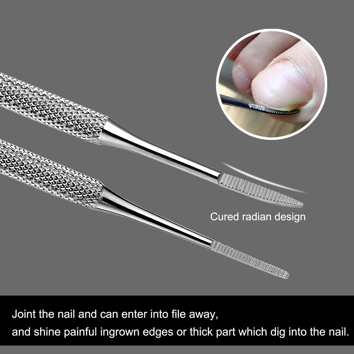 FAMILIFE double-ended ingrown toenail file showing straight and curved tips for shaping
