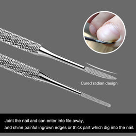 FAMILIFE double-ended ingrown toenail file showing straight and curved tips for shaping