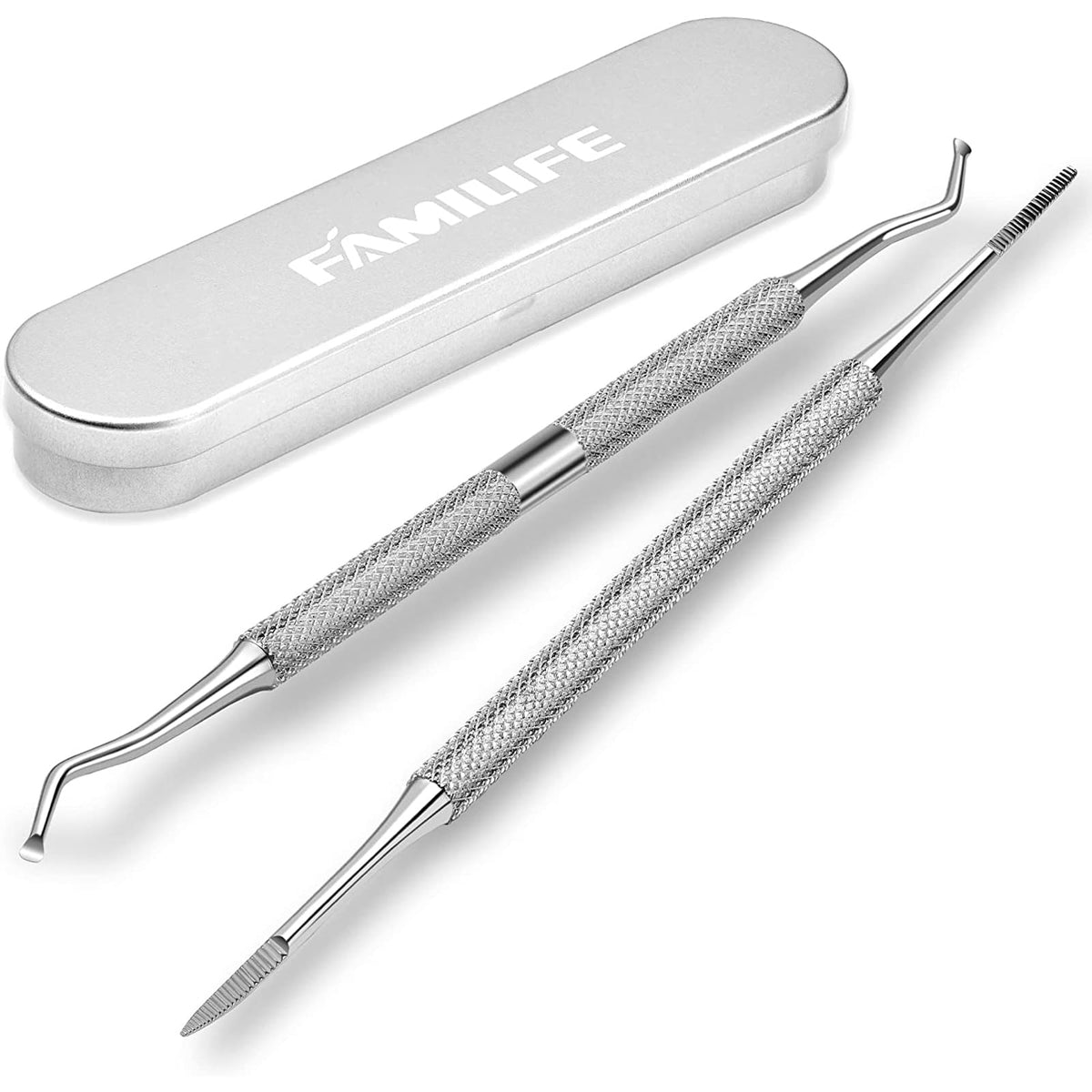 FAMILIFE front view of the two-piece ingrown toenail kit showing case and tools for easy storage