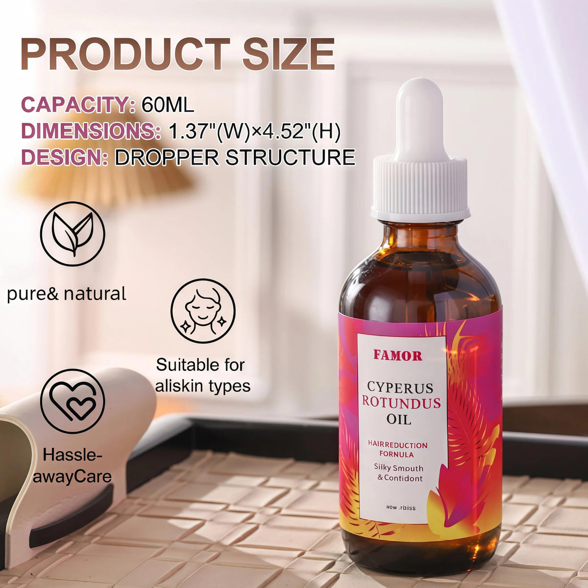 FAMOR bottle on bathroom shelf in lifestyle scene promoting daily routine