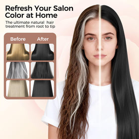 Side-by-side before and after using Famyu showing gray coverage and natural result
