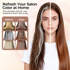 Famyu before and after gray coverage showing visible even chestnut brown results