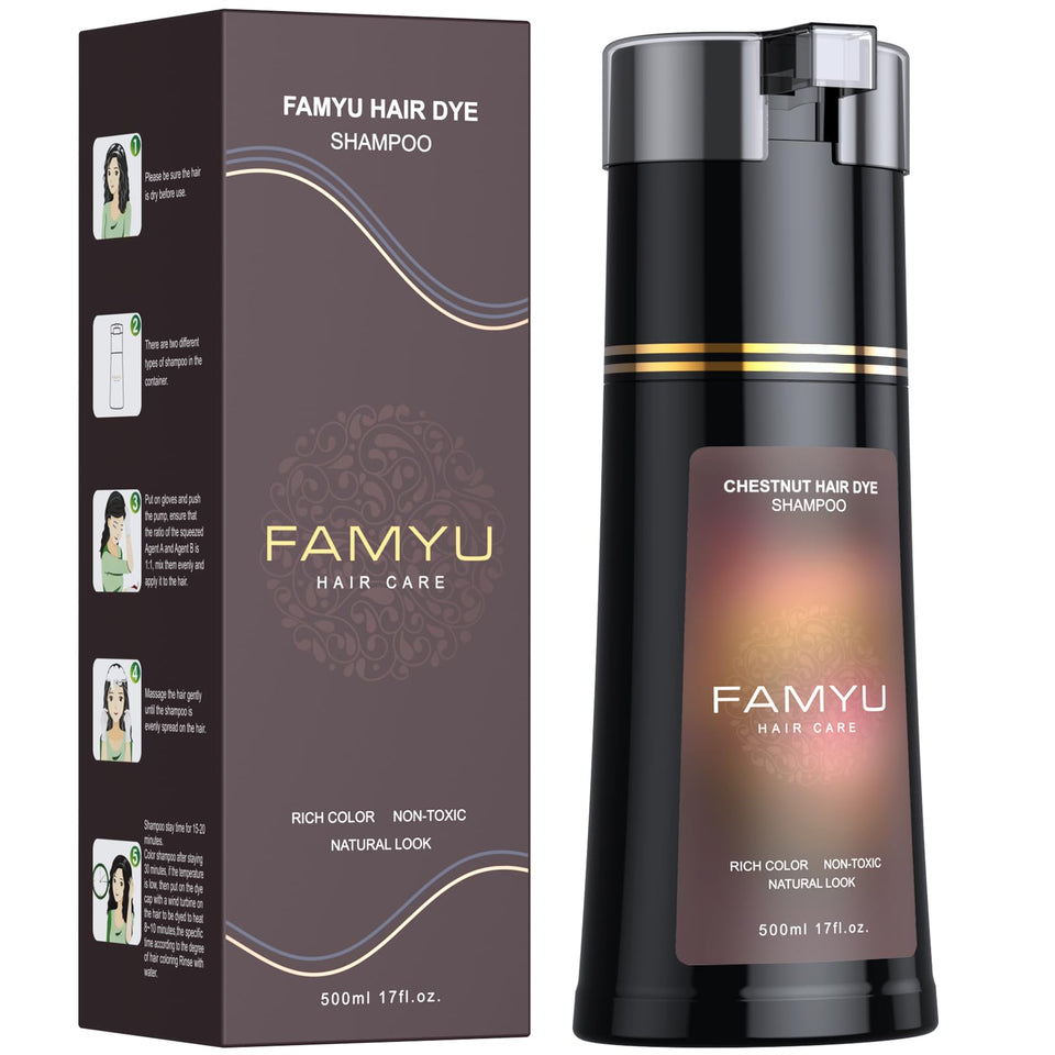 Famyu chestnut brown front bottle showing label and size, clear product identity and benefit
