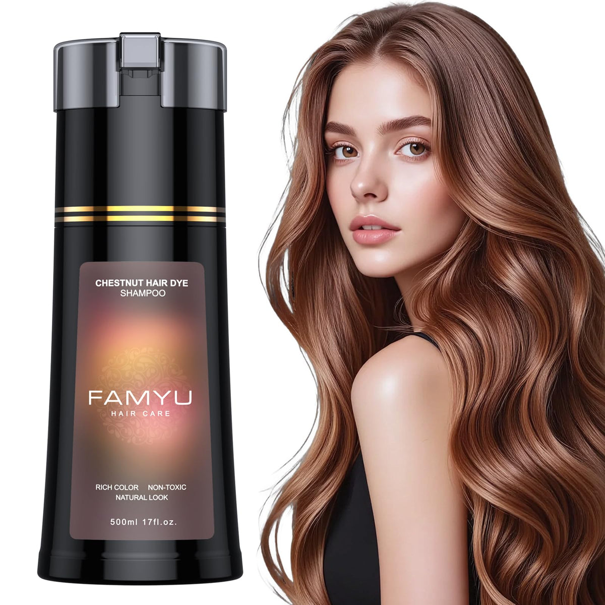 Famyu pump and label detail highlighting usage instructions and herbal formulation benefits