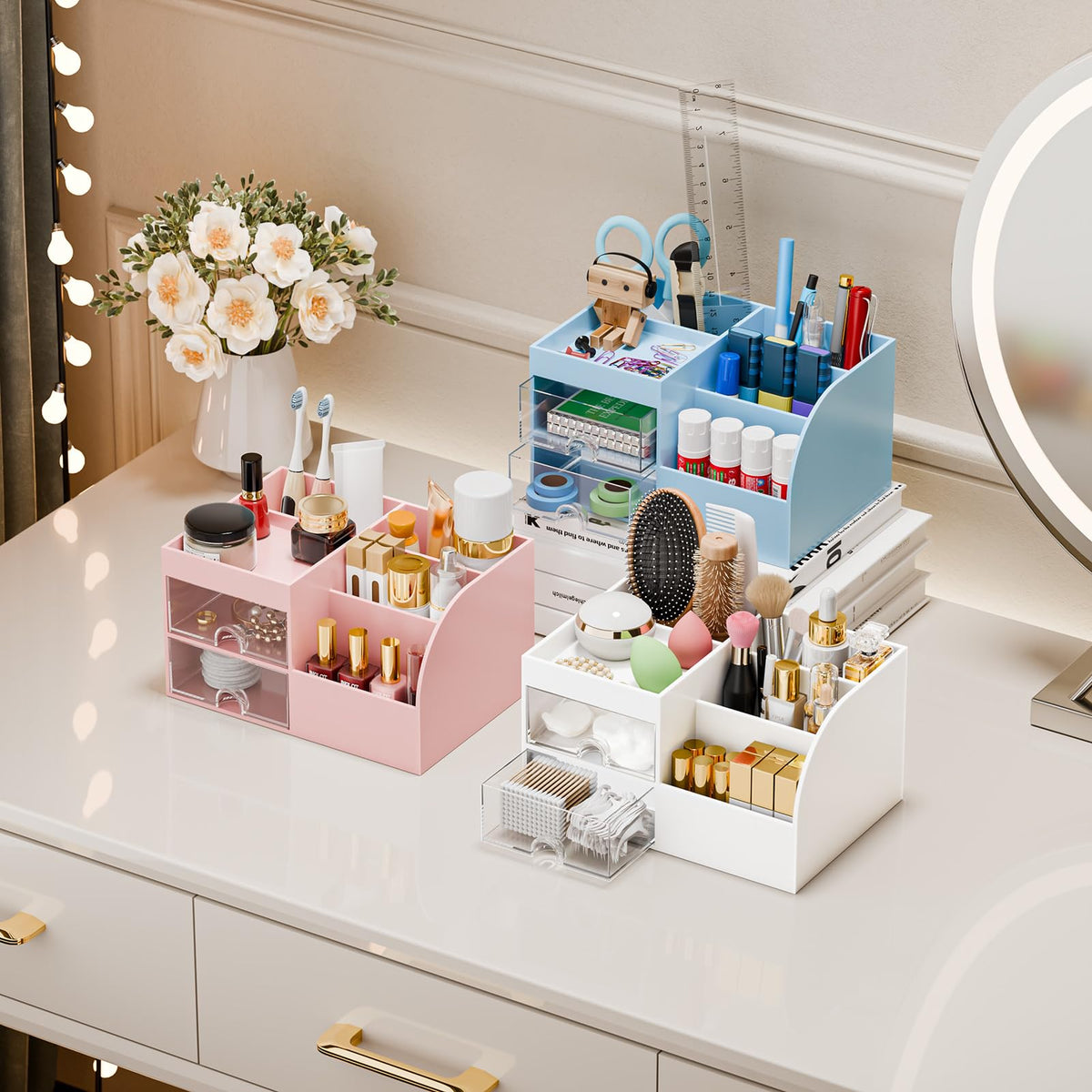 fanado holding brushes and lipsticks upright for faster morning routines