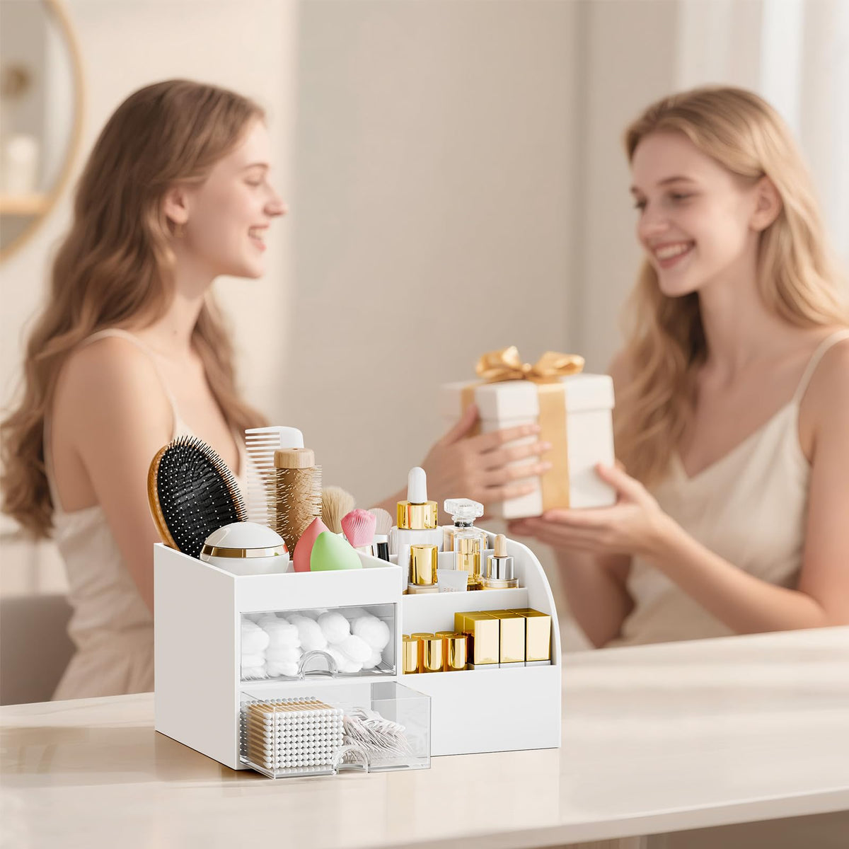 fanado on a styled vanity demonstrating tidy cosmetics and improved countertop order
