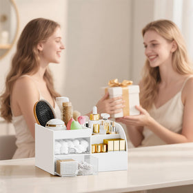 fanado on a styled vanity demonstrating tidy cosmetics and improved countertop order