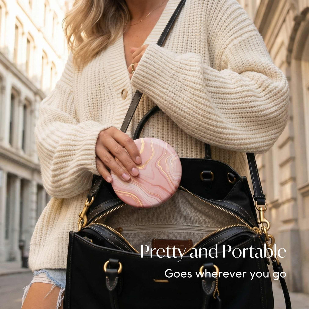 Fancii Taylor inside a purse showing travel-ready portability and rechargeable convenience benefit