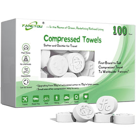 fancyou front packaging showing 100 compact towel tablets for travel convenience