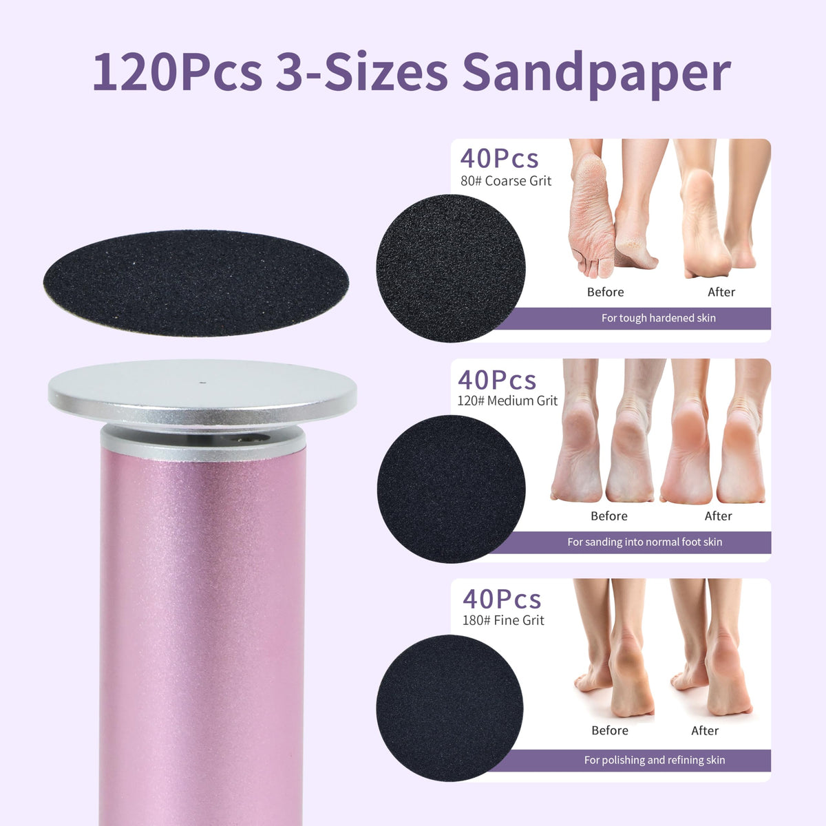 FancyJun 120 sandpaper discs in three grits displayed, offering customizable exfoliation options