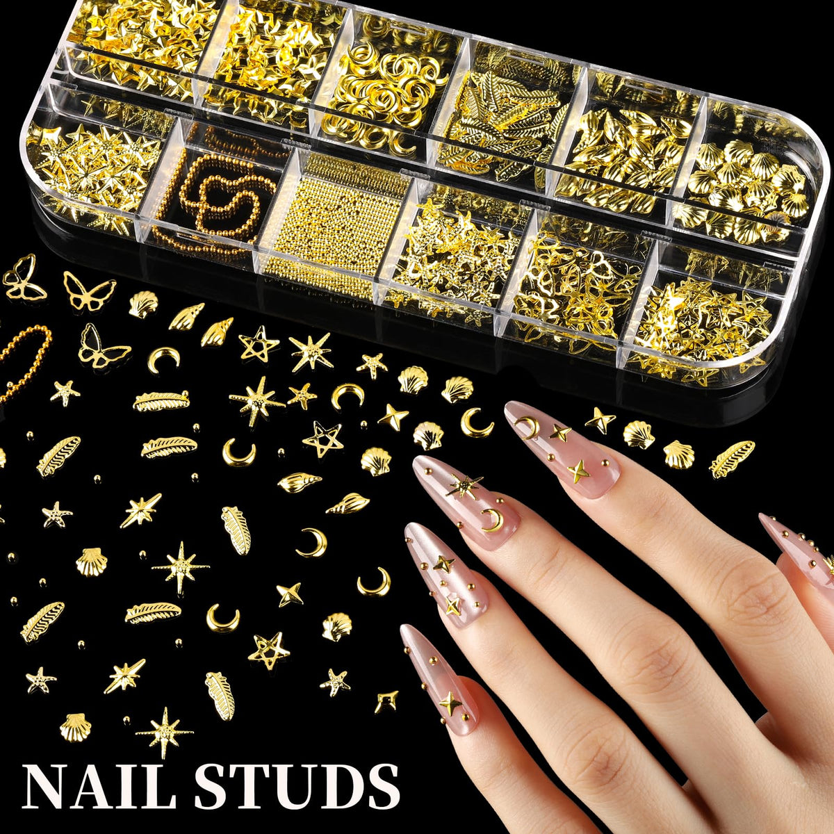 Fandamei 3D gold charms detail with stars and shells adding depth to nails