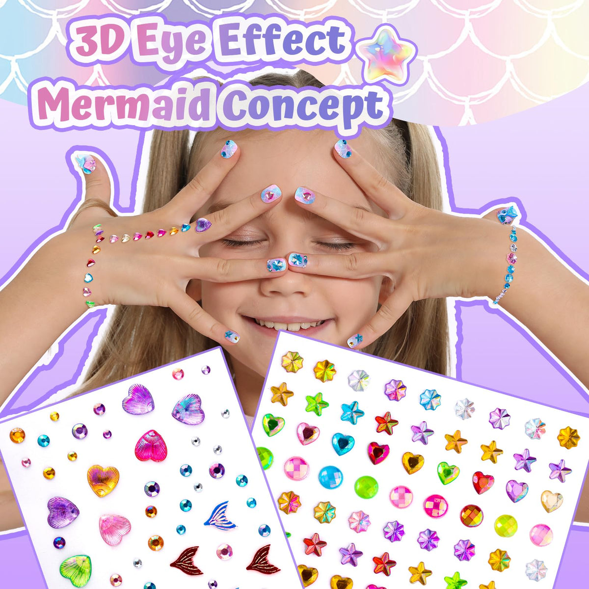 Fandamei detail of 3D rhinestone and face gems adding sparkle and dimension