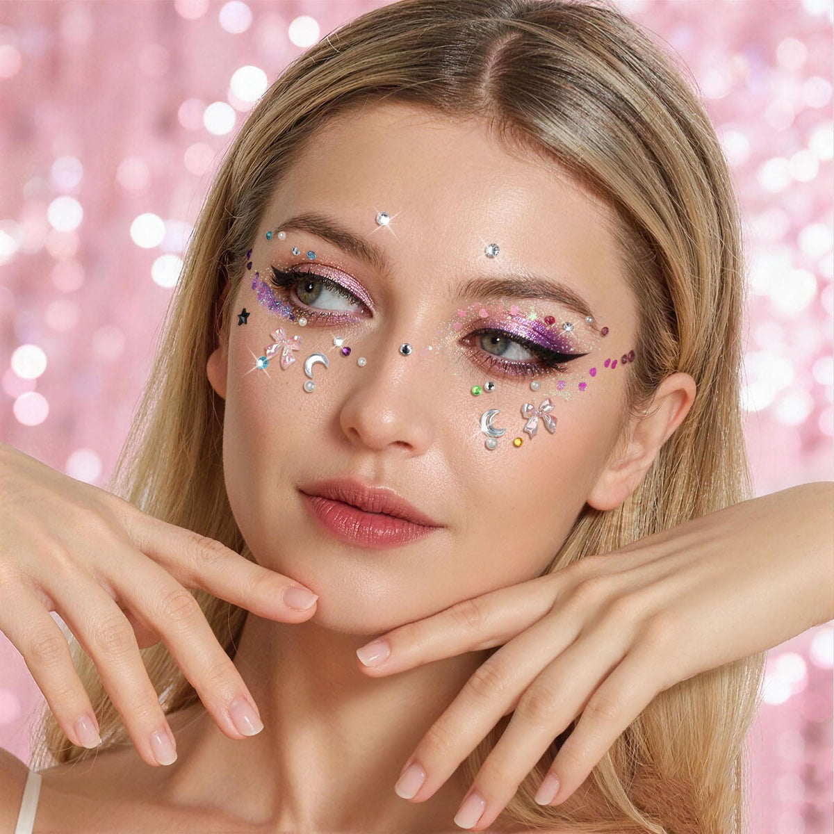 Fandamei model wearing cheekbone glitter and gems, shows festival-ready impact
