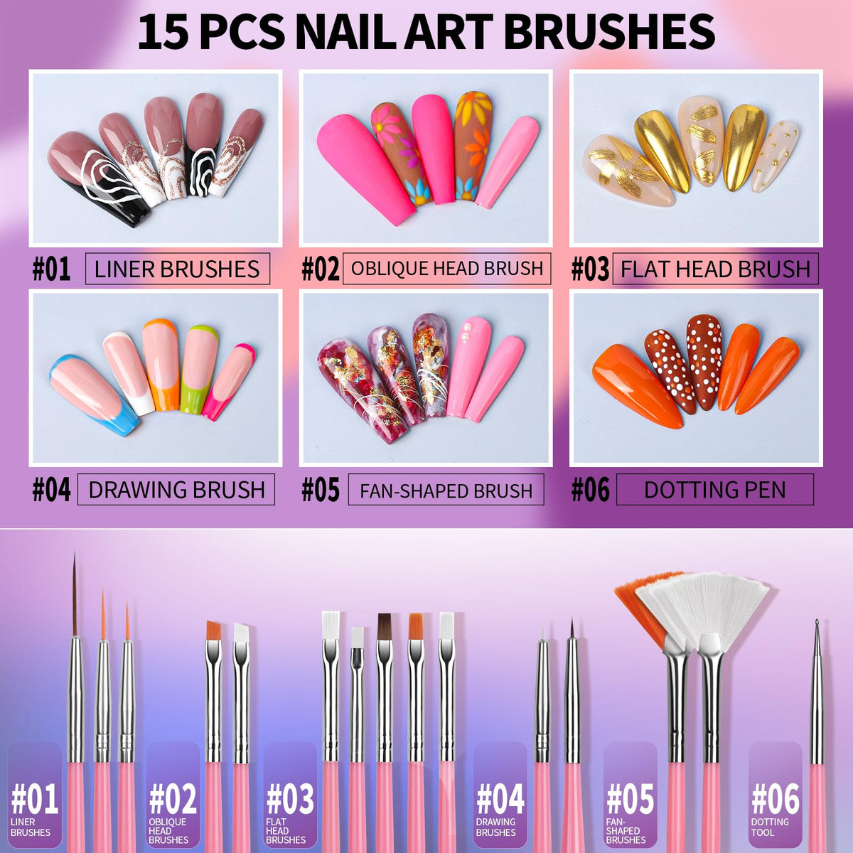 Fandamei close-up of acrylic brushes for crisp nail art strokes