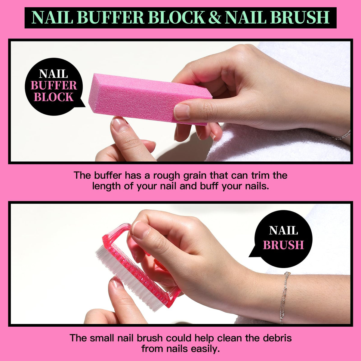 Fandamei pink buffer block and polishing pads delivering smooth shiny nail surfaces