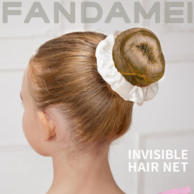 Fandamei bun in use on child demonstrating a neat ballet bun that stays put