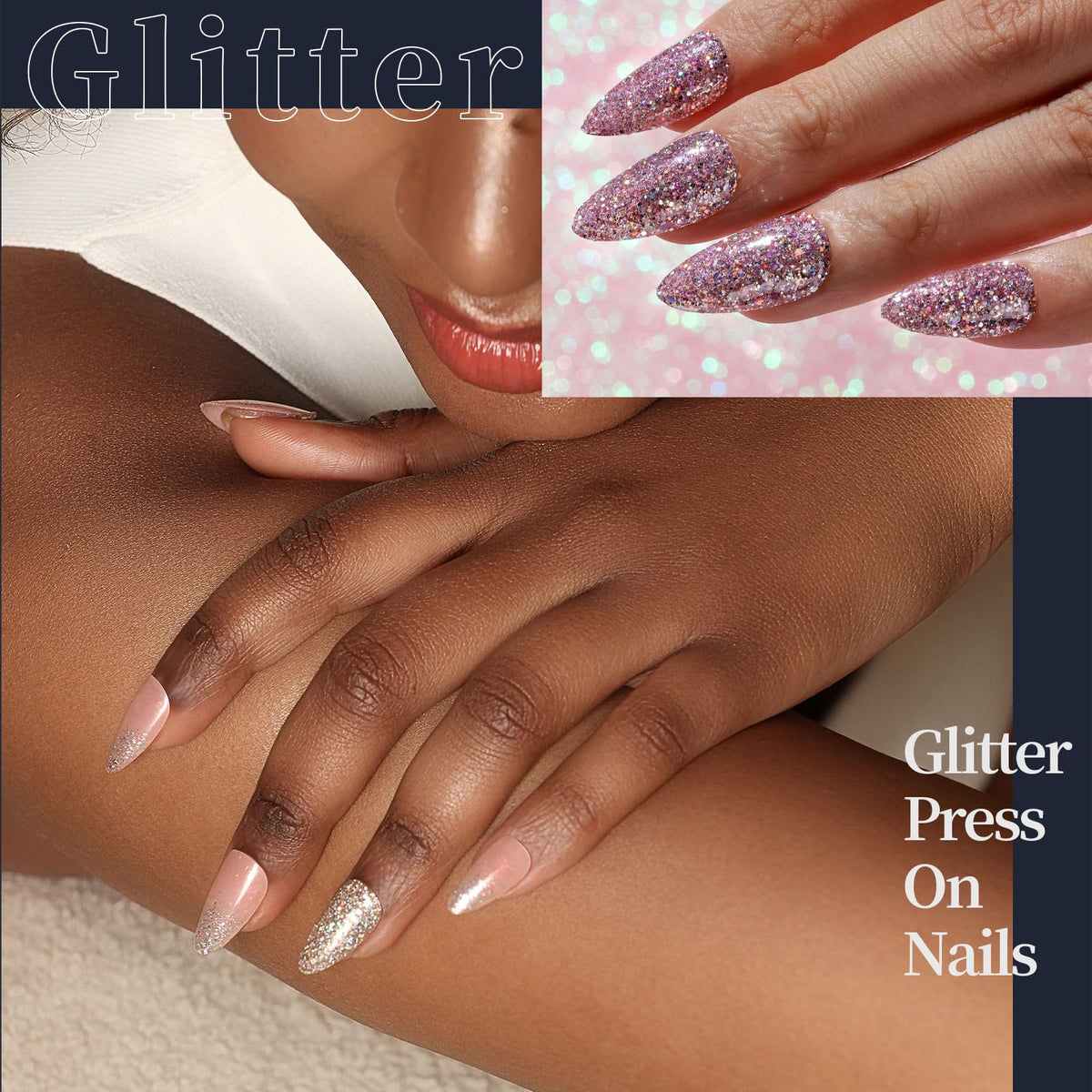 Fandamei close-up of glitter nails showing texture and sparkle to enhance party looks