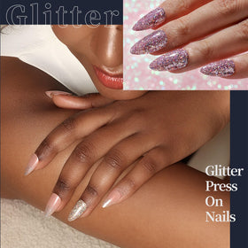 Fandamei close-up of glitter nails showing texture and sparkle to enhance party looks