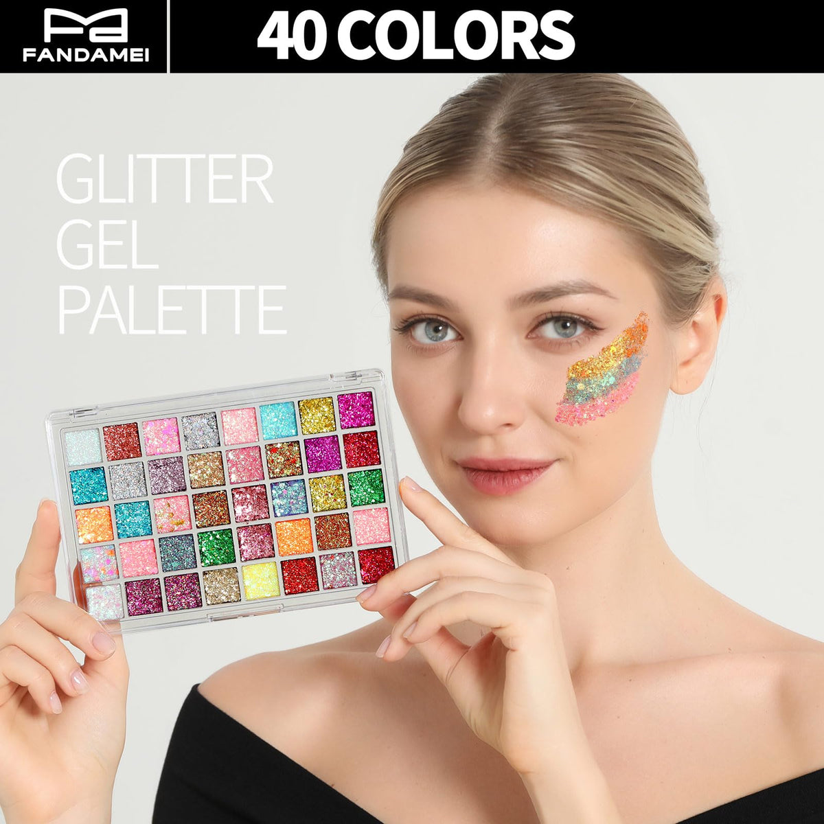 Fandamei close-up glitter gel texture and swatches, shows smooth easy application