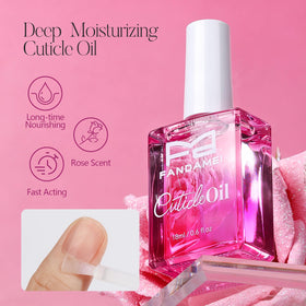 Fandamei cuticle remover and rose oil bottles demonstrating gentle softening benefit