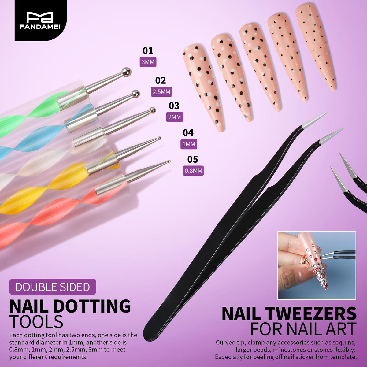 Fandamei dotting tools array showing multiple tip sizes for precision