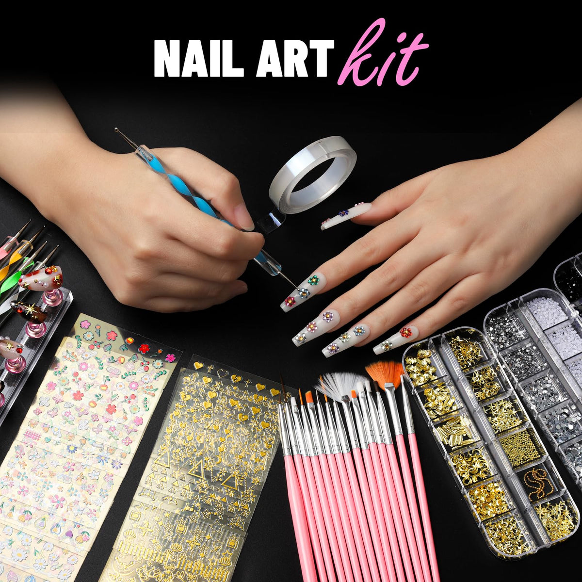 Fandamei clear almond false nail tips with holder and double-sided tape for press-on display