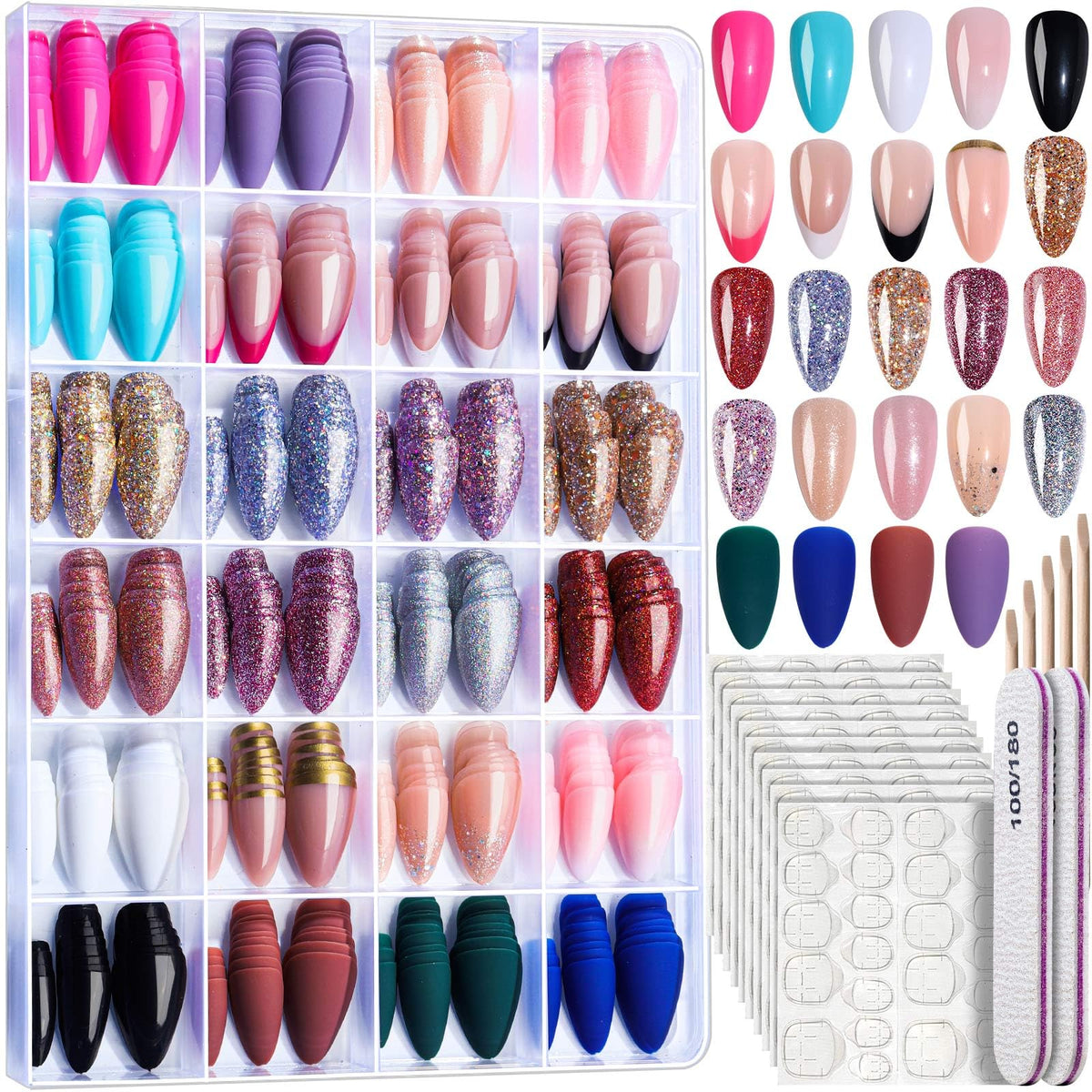 Fandamei front packaging display showing colorful press-on nail sheets and included tools for variety