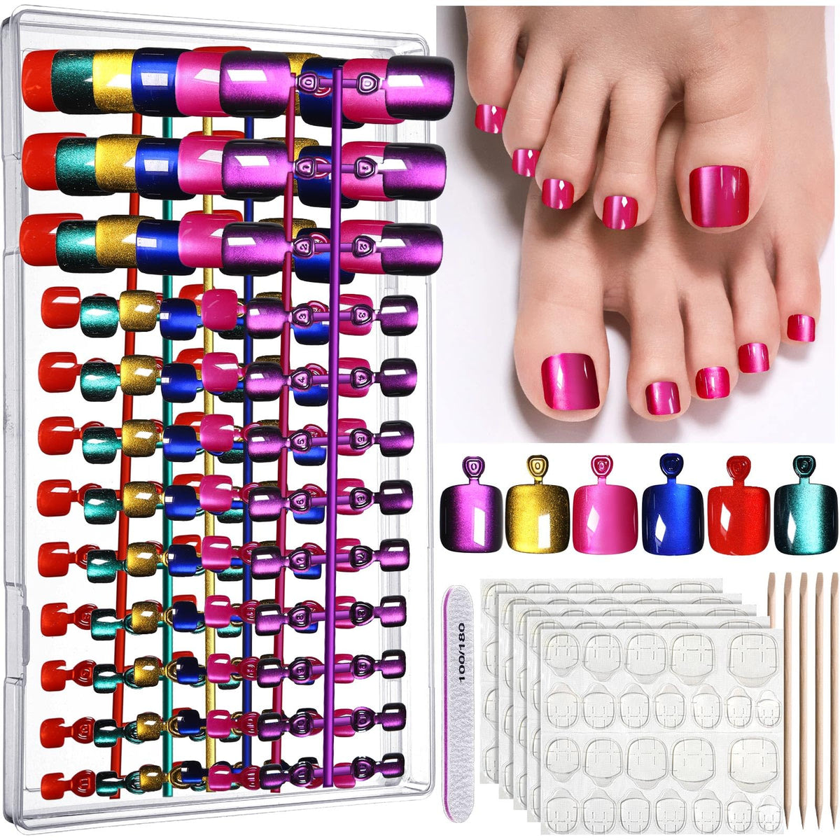 Fandamei front packaging clip box showing complete press-on toenail kit and portability benefit
