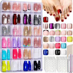 FANDAMEI front packaging with clip-on box showing 24-color press on toenails and storage benefits