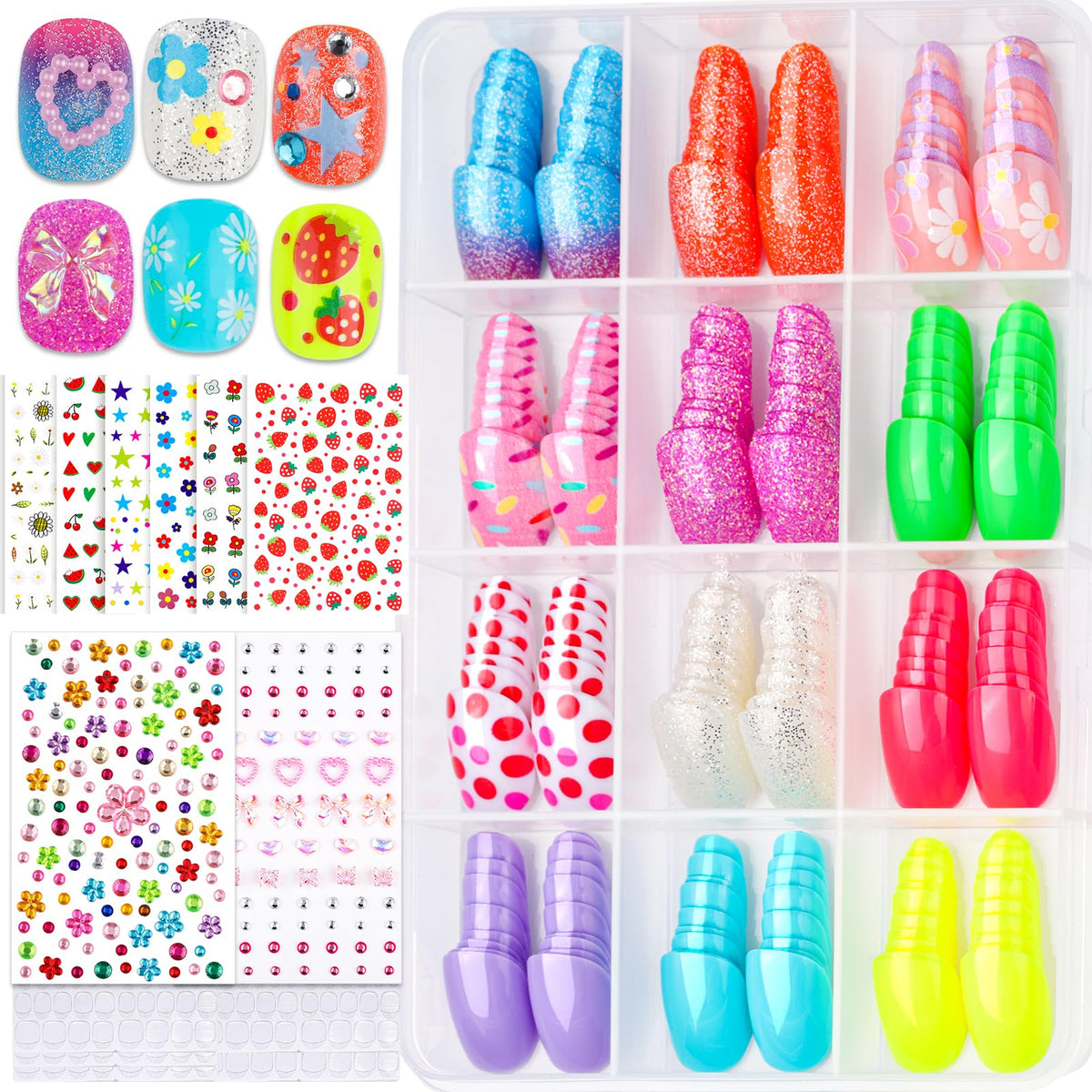 Fandamei front packaging showing 12 cool-tone press on nails and stickers, easy styling