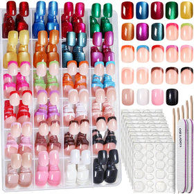 FANDAMEI front packaging showing 24 color short press on nails and included tools for variety