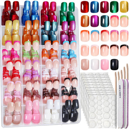 FANDAMEI front packaging showing 24 color short press on nails and included tools for variety
