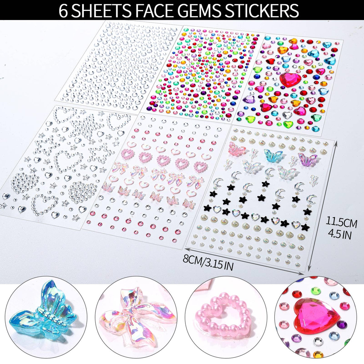 Fandamei gem sheets close detail with rhinestones and pearls, shows secure adhesion