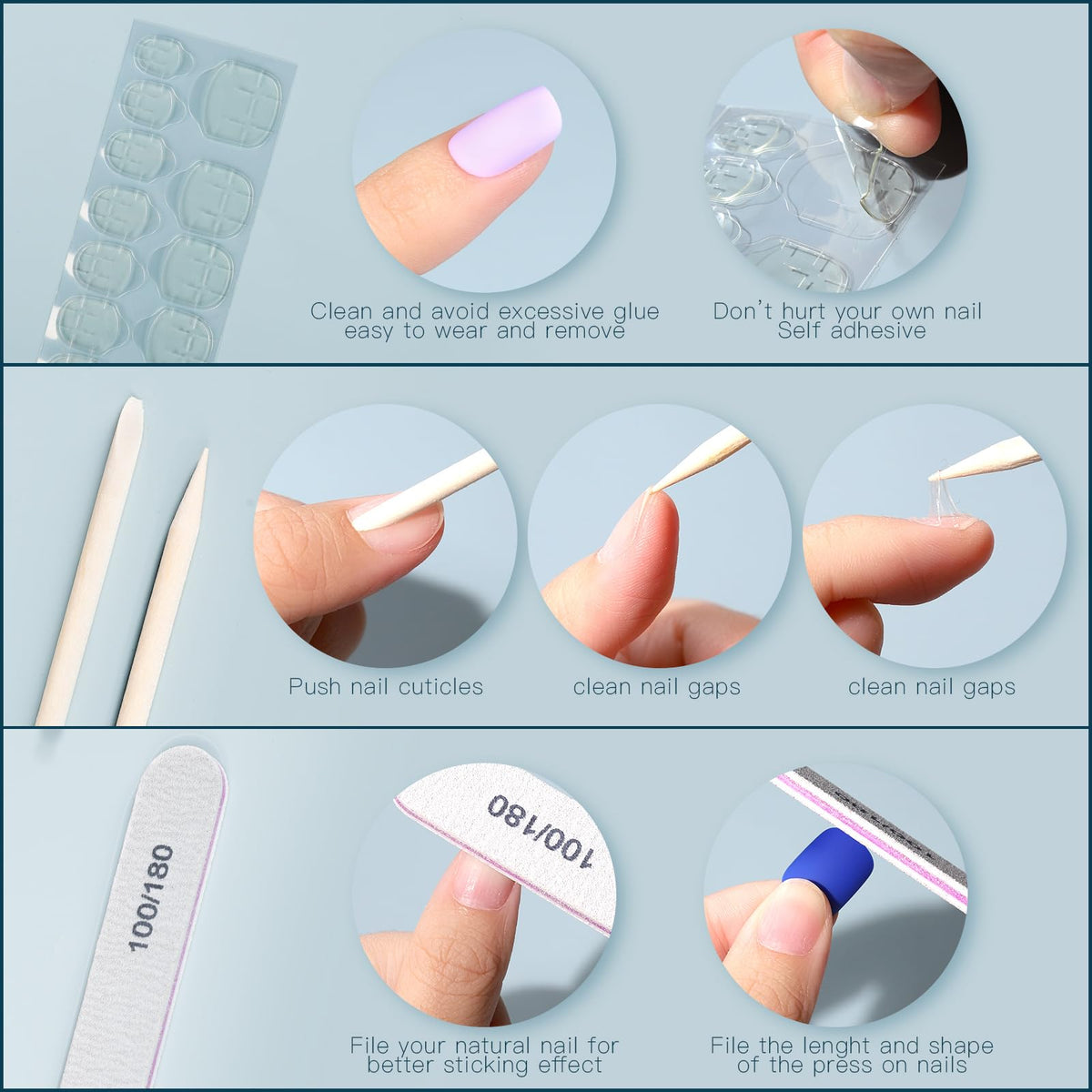 Fandamei nails in use on a model hand demonstrating natural short length comfort