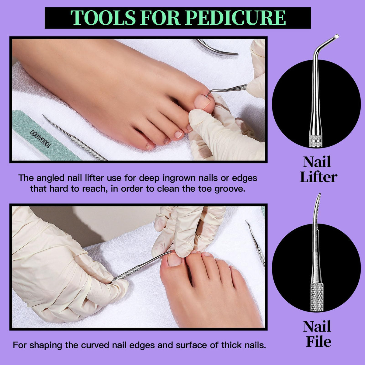Fandamei nail lifter lifting a corner of a toenail to show easier debris access