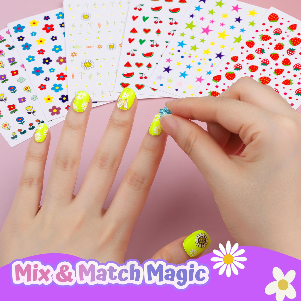 Fandamei child applying press on nail with adhesive tab, simple no-mess application