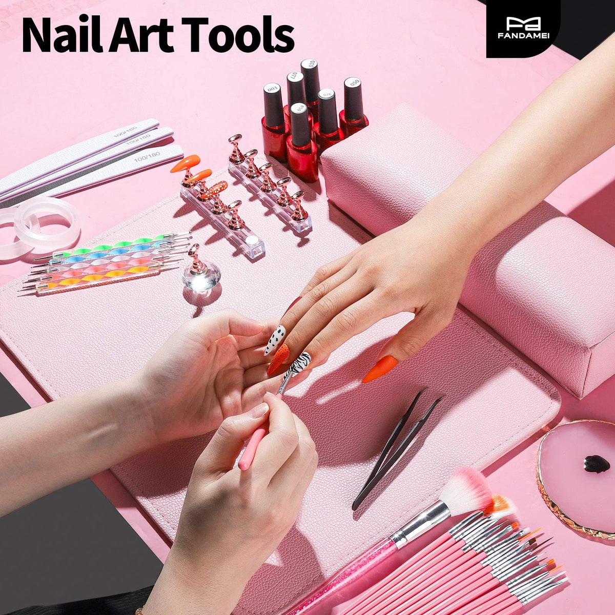 Fandamei kit in a home setting for creating salon-style nails conveniently