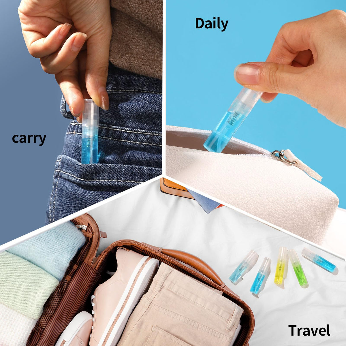 Fandamei bottles inside a travel pouch showing portability and sample distribution