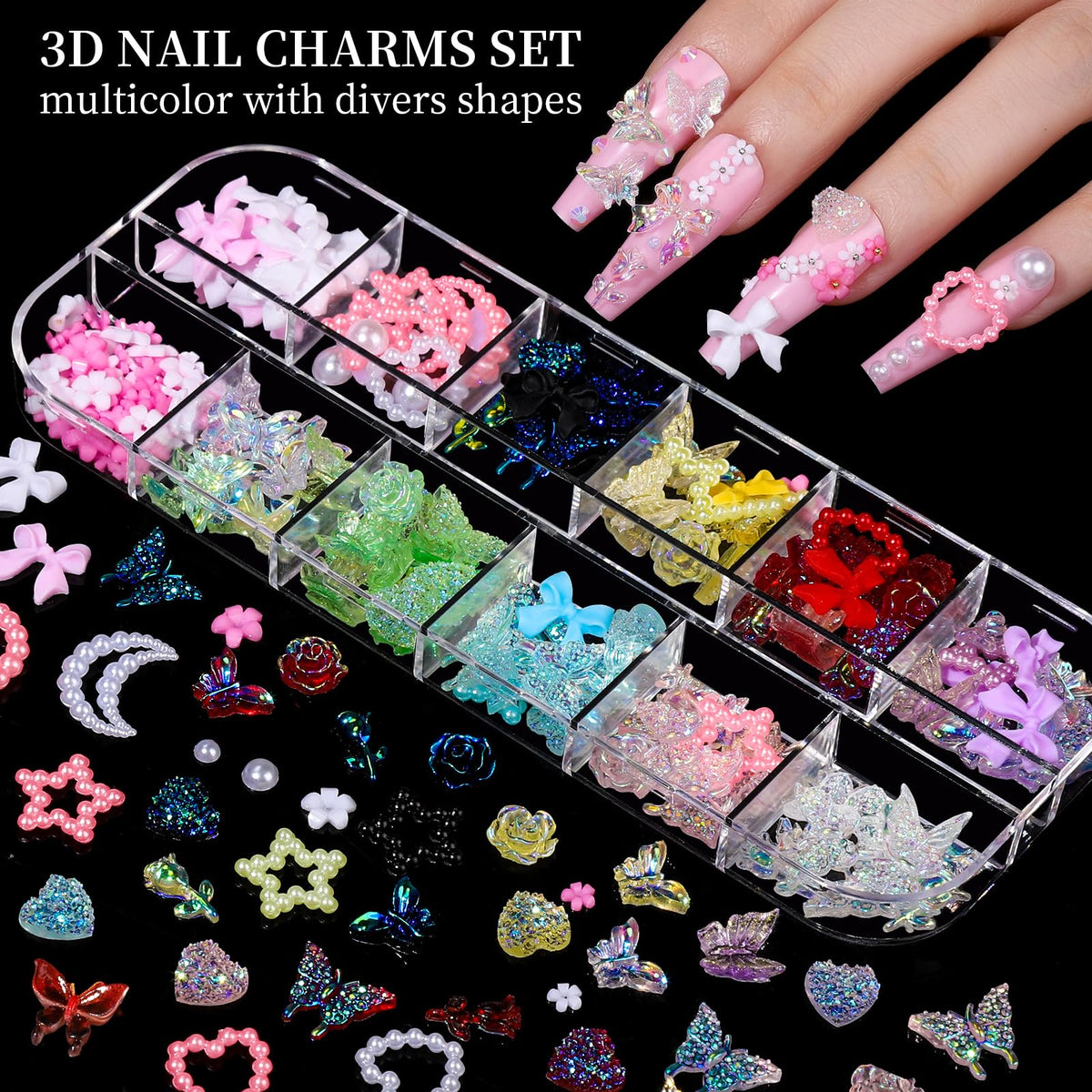 Fandamei colorful 3D charms close-up showing butterflies and bows for bold nail accents
