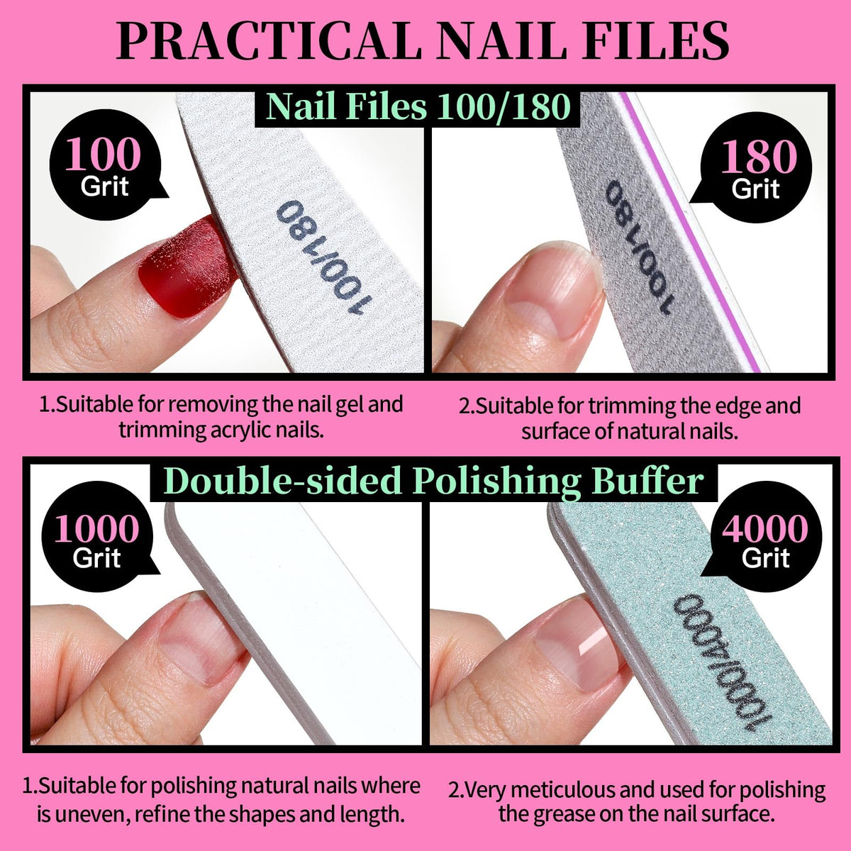 Fandamei close-up of 100/180 grit nail files showing coarse and fine edges for fast shaping