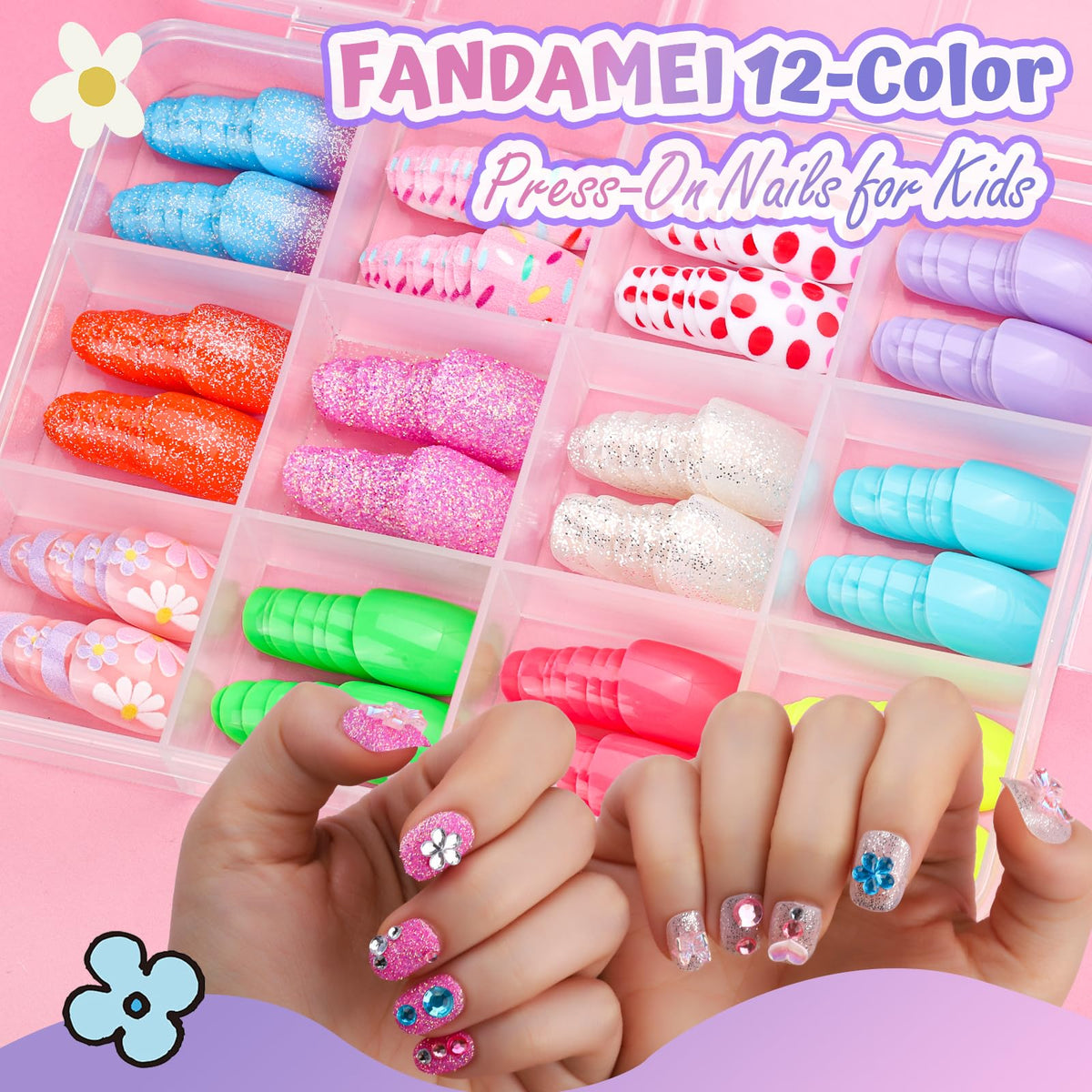 Fandamei display of 12 nail sizes laid out, clear sizing for small hands