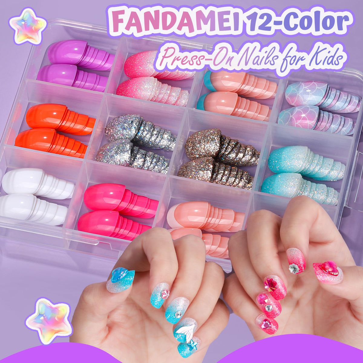 Fandamei close-up of the 12 nail styles showing texture and sparkle for creative looks