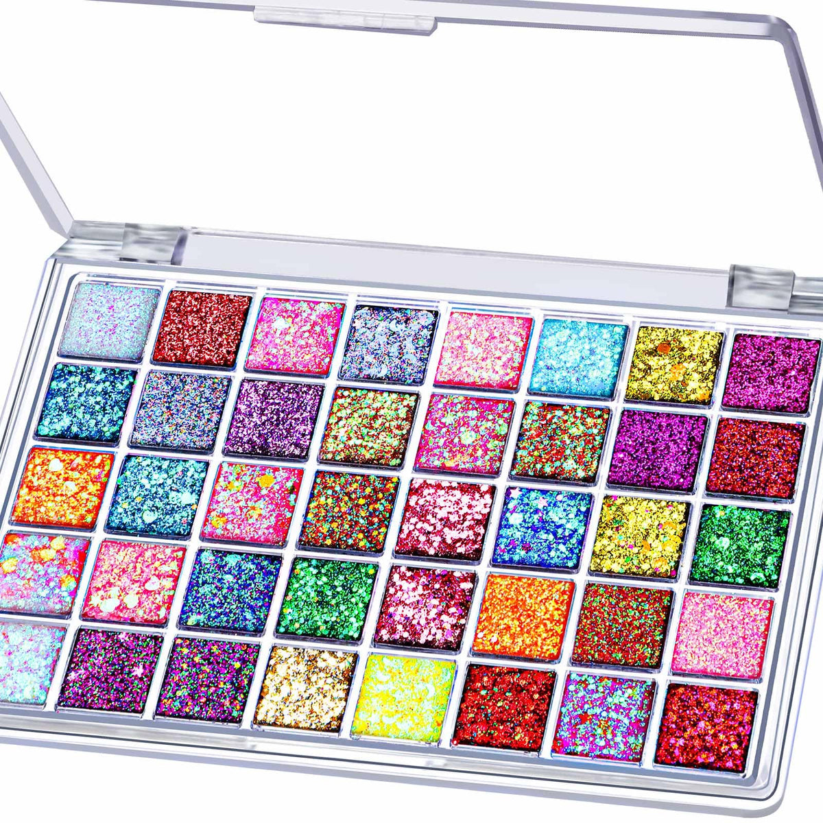 Fandamei palette top view showing all 40 gel glitter colors and convenience