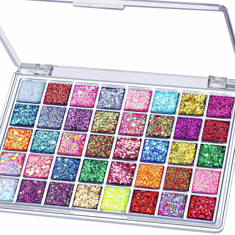 Fandamei palette top view showing all 40 gel glitter colors and convenience