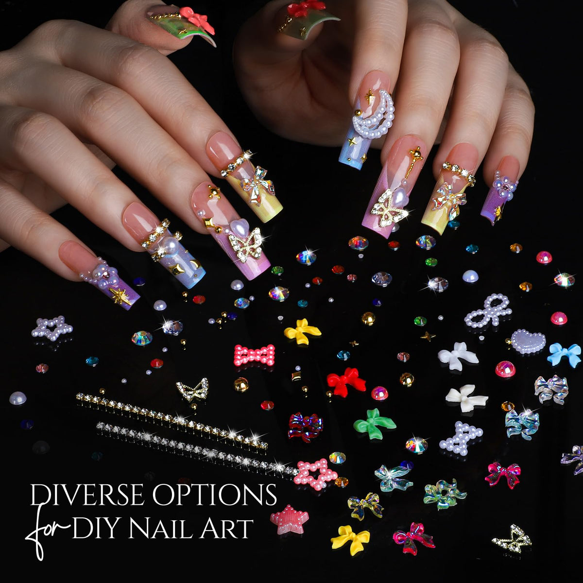 Fandamei clear AB and colorful rhinestones close-up for high-impact sparkle